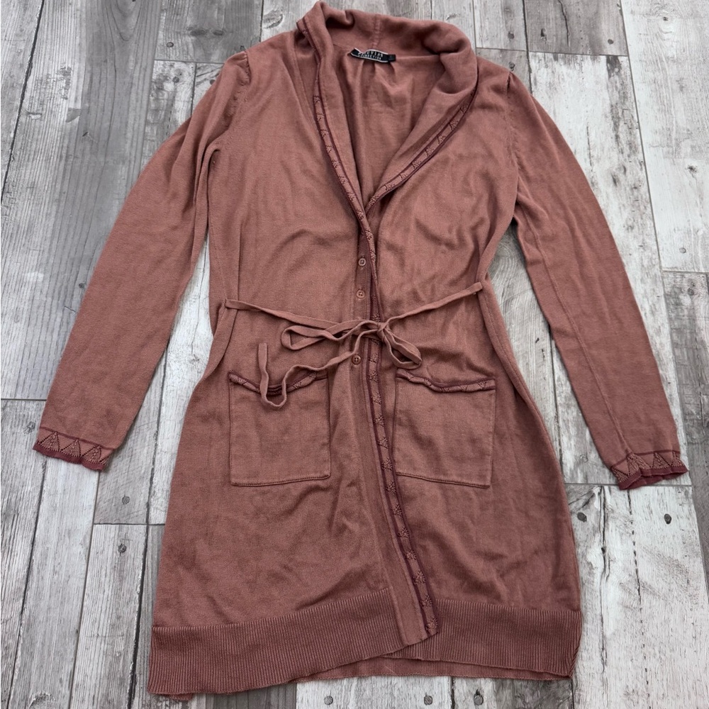 PERUVIAN CONNECTION Brown 100% Pima Cotton Knit Sweater Long Cardigan Small